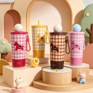 Trendy Kiids Cute Horse Print Tumbler with Straw & Strap